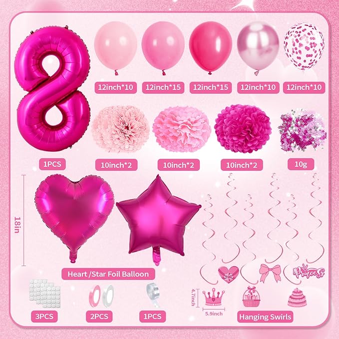 8th Birthday Decorations for Girls, Pink Party Decorations with Number 8 Balloon Happy Birthday Banner Bday Sash Crown Tablecloth Fringe Curtain Hanging Swirl for 8 Balloons for Bday Girl