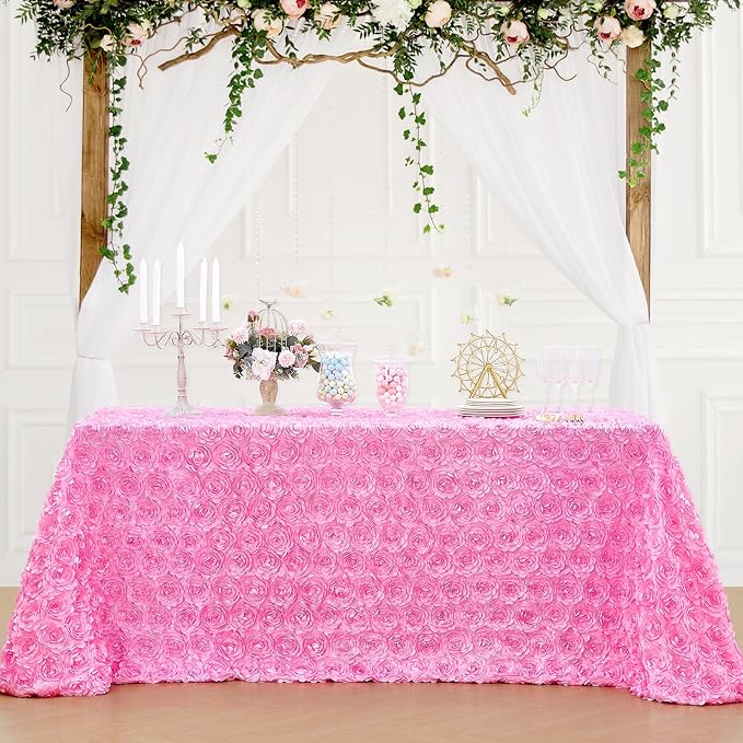 B-COOL Pink Rosette Tablecloth 90x132 Inch Rectangular Pink Satin Table Covers 3D Floral Tablecloths Boho Wedding Girls Party Birthday Table Decoration