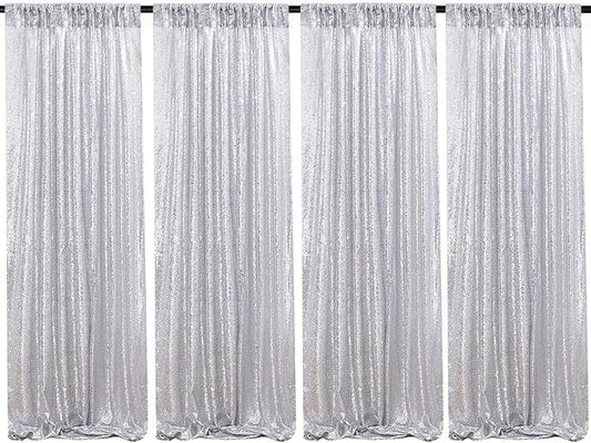 B-COOL Silver Sequin Backdrop Curtains 4 Packs 2ftx8ft Glitter Shimmer Fabric Silver Backdrop Drapes for Wedding Banquet Party Background Decorations