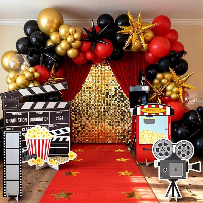 Honoson 4 Pcs Large 20" x 30" Graduation Movie Theme Party Decorations Red Carpet Cardboard Cutouts Photo Booth Props for Movie Night Theater Academy Awards Birthday Supplies Camera Popcorn