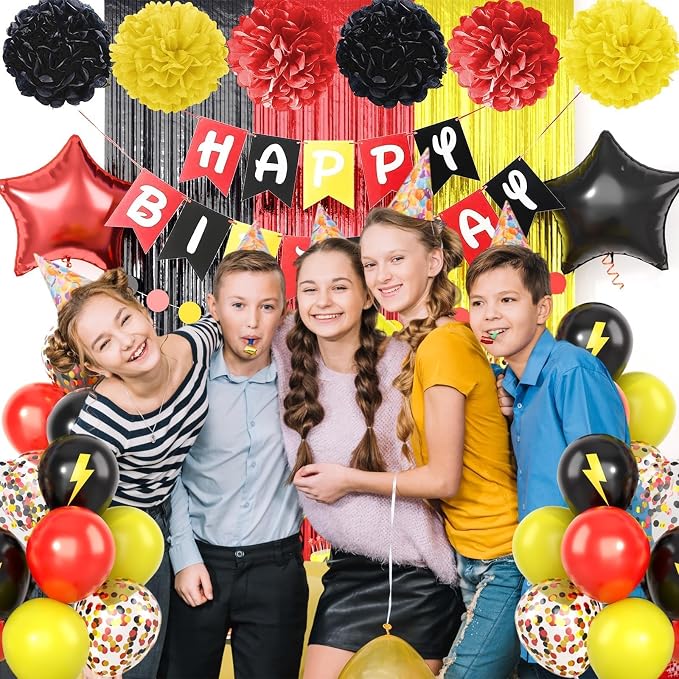 Red Black Yellow Party Supplies,Include Balloons Happy Birthday Banner Fringe Curtain Tissue Paper Pompoms Garland