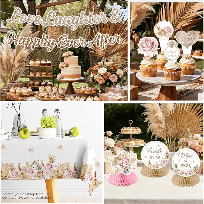 Bridal Shower Decorations, Boho Bride to Be Love Laughter & Happily Ever After Banner Bridal Shower Plates and Napkins With 2 Pcs Tablecloth Cheers to Love Wedding Shower Bachelorette Party Supplies