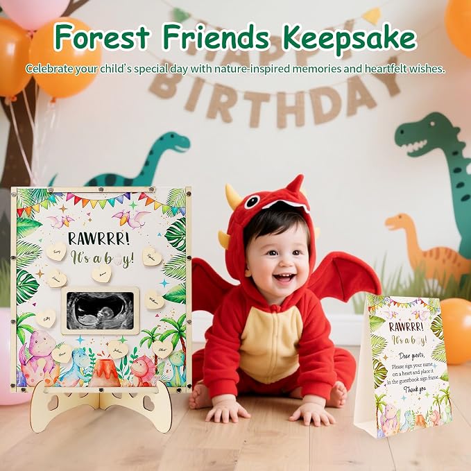 Dinosaur Baby Shower Decorations,Hatching Soon Baby Shower Guest Book Alternatives with Dinosaur Pen,Photo Frame and 60 Heart Wood Slices for 60 Guests,Its a Boy Gender Reveal Decorations