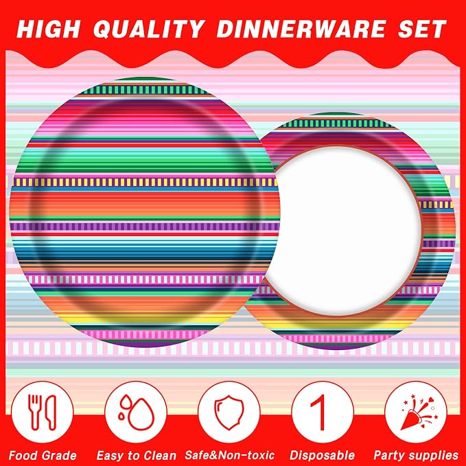 140PCS Mexican Serape Fiesta Plates and Napkins Set, Fit Mexican Themed Paper Dessert Plates, Taco Colorful Stripes Pinata Ponchos Platters Dance Party, Serves 20 Guests