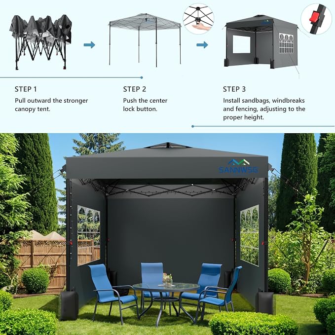 8X8 Pop Up Canopy Tent with 3 Sidewalls,Easy Up Canopy, Portable Outdoor Commercial Instant Shelter,Heavy Duty One Person Set Up Event Tent with Rolling Carry Bag,Grey