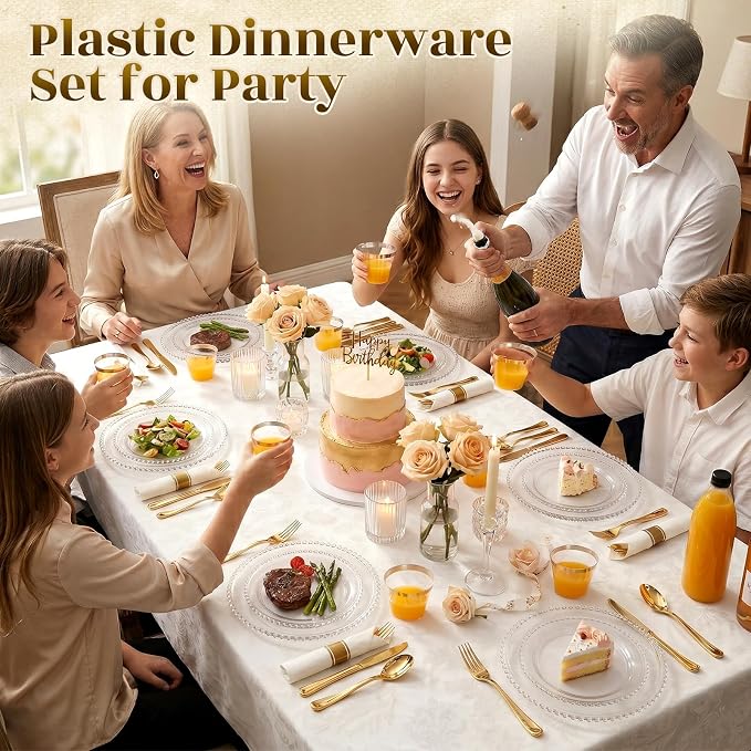 175pcs Plastic Dinnerware Set Clear 25 Guests for Wedding | Fancy Beaded Plastic Plates Include 50 Elegant Plastic Plates,25 Cups and 25 Pre Rolled Napkins with Cutlery Set