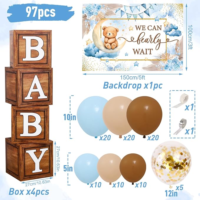 DataMoon We Can Bearly Wait Baby Shower Decorations - Baby Boxes with Letters,Boho Balloons,We Can Bearly Wait Backdrop for Teddy Bear Baby Shower,Birthday Supplies,Gender Reveal Party Supplies