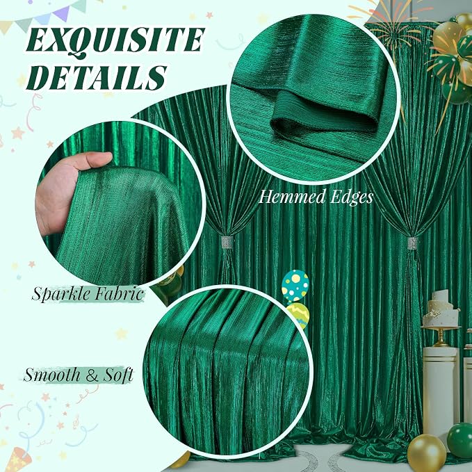 Emerald Green Sequin Backdrop Curtains - 9.6x10ft Photography Backdrops with Non-Shedding Glitter Wrinkle-Free Stage Drapes for Wedding Christmas Studio Shoots (4.8x10ft 4 Panels)