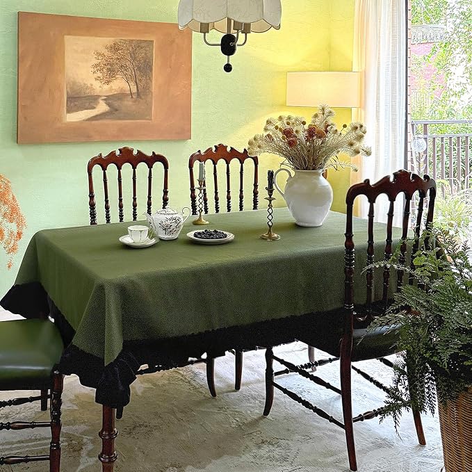 Sage Green Ruffled Table Cloth Rectangular Table, Washed Vintage Thick Decorative Tablecloth for Dining Farmhouse Wedding - 108"x60"