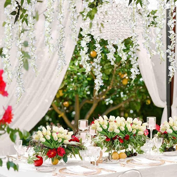 5 Pack White Green Wisteria Hanging Flowers Garland, 3.77 Feet Artificial Flower Vines, Fake Wisteria, Artificial Vines Hanging Garland for Backdrop Outdoor Yard Garden Decor