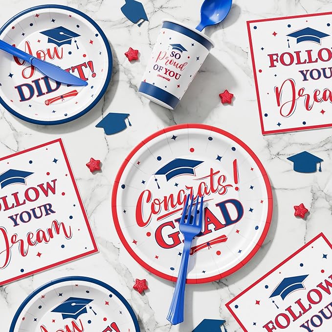 Ecomore Graduation Decorations Class of 2026, 350 PCS Graduation Party Supplies College High School Grad Decor Disposable Dinnerware (Serve 50) Paper Plates Cup Napkin Fork Knife Spoon (Red & Blue)