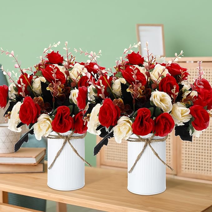 Domensi 12 Sets Wedding Centerpiece for Table Artificial Rose with Vase Fake Bouquets and Metal Pot Flower Arrangements for Bridal Shower Birthday Party Event Table Decor (Red,Champagne)