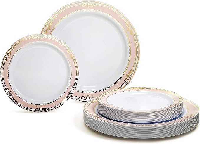 " OCCASIONS " 50 Plates Pack (25 Guests)-Wedding Party Disposable Plastic Plate Set -25 x 10.25'' Dinner + 25 x 7.5'' Salad & Dessert plates (Scalloped in White/Blush & Gold)