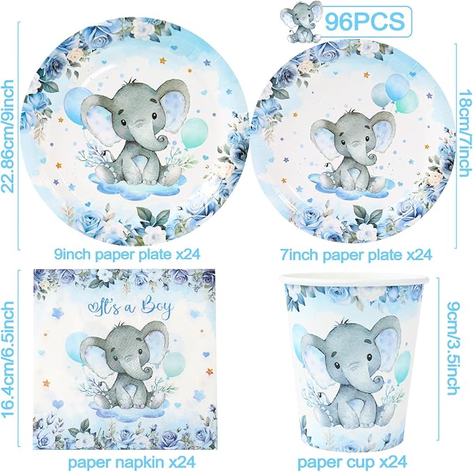 Boy Elephant Baby Shower Decorations Plates - Blue Elephant Plates Disposable Cups,Napkin with Blue flowers for 24 Elephant Theme Party Supplies,Baby Shower Wedding Birthday Party