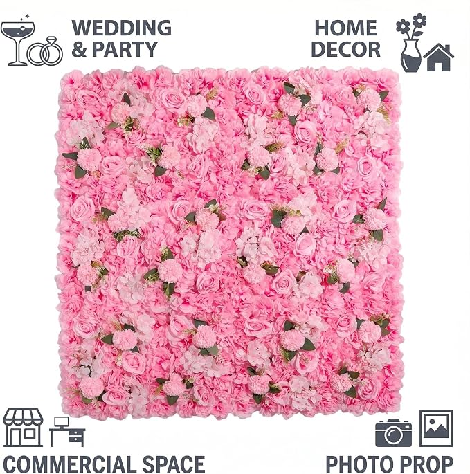 3D Flower Wall Backdrop - 6Pcs 16×24 Inch Artificial Rose Panels Pink Silk Floral Decor for Home Party Wedding Anniversary Birthday Photographic Studio Background & Decorative Fences