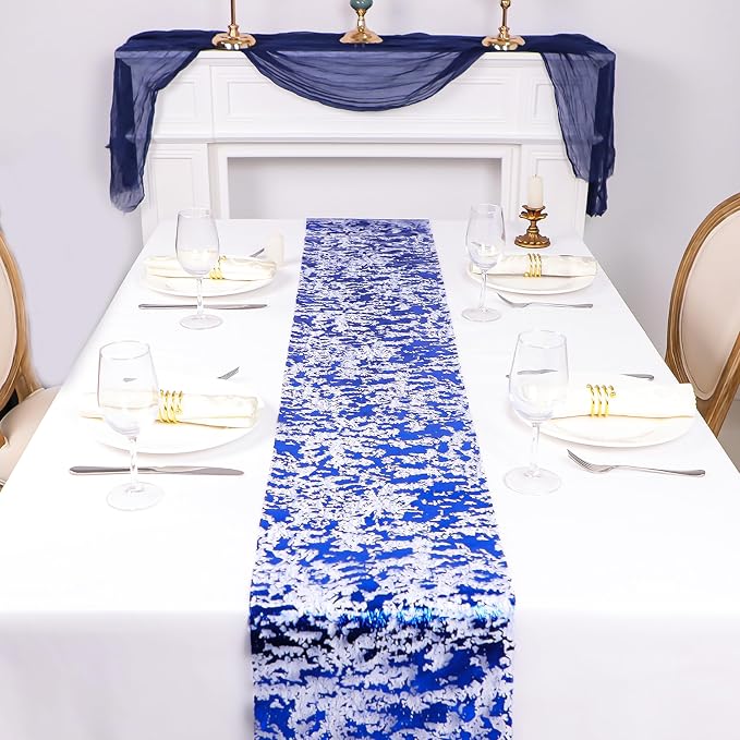 Snowkingdom Royal Blue Table Runner, Sequin Glitter Foil Metallic Thin Mesh Runner Roll 11 Inch x 49 Feet Dinning Table Decorations for Wedding Birthday Party Christmas Graduations
