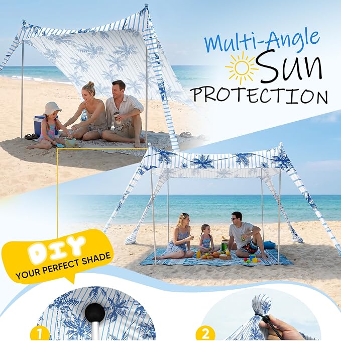 Sekey Aluminum Beach Shade Sun Shelter UPF 50+ - 8.2x8.2 FT Portable Beach Canopy with Windproof Rope & Stability Poles, Easy Setup Outdoor Tent for Camping, Backyard, Fishing, Picnics