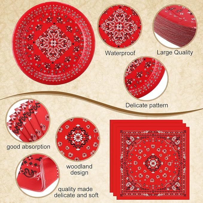 Funnymoom 452 Pcs Red Bandana Western Party Decorations for 50 Guests, Red Bandana Paper Plates Cups Napkins Tablecloth Cutlery Straws for Cowboy Cowgirl Farm Baby Shower Birthday Party Supplies