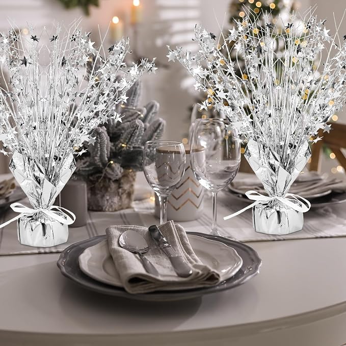 Crowye 26 Pcs Metallic Foil Spray Centerpiece Party Star Decoration Table Decor for Birthday Wedding Graduation Bachelorette Spring Party Holiday(Silver)