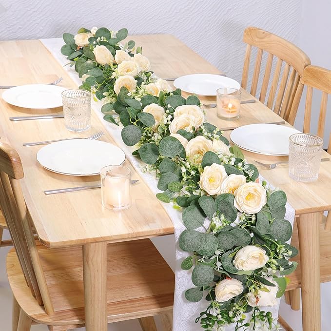 TOCHGREEN 4 Pack 24Ft Artificial Eucalyptus Flower Garland with Champagne Roses, Fake Rose Flower Greenery Garland Floral Vines for Wedding Home Party Table Runner Decor (4PCS, Champagne)