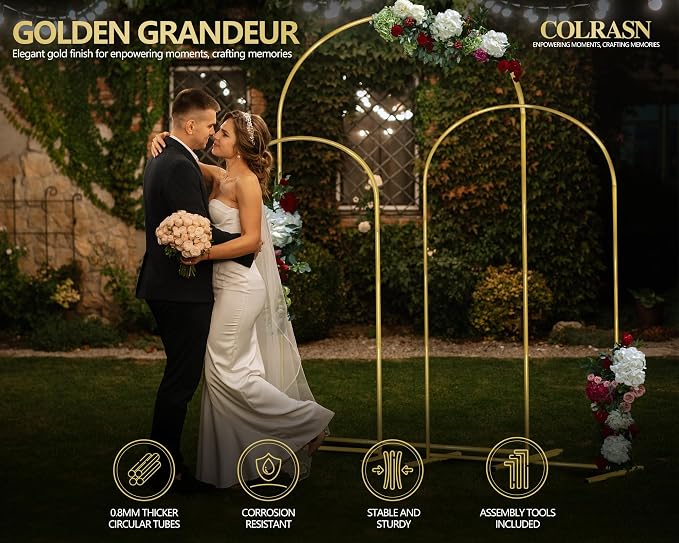 COLRASN Arch Backdrop Stand Set of 3 Gold Wedding Arches for Ceremony Bridal Arch Stand 7.2FT & 6.6FT & 6FT Garden Arbor Frame for Wedding Birthday Party Baby Shower Photo Booth Background Decor