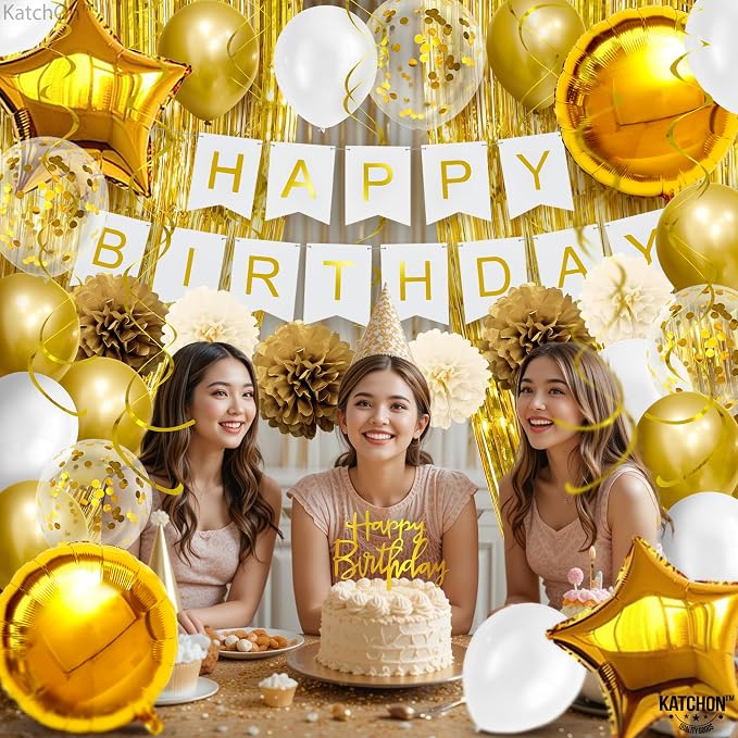 KatchOn, Gold Birthday Decorations Set - Pack of 45 | Happy Birthday Banner, Star Balloons, Pom Poms, Balloons for Gold Party Decorations | Bday Decorations for women, Men