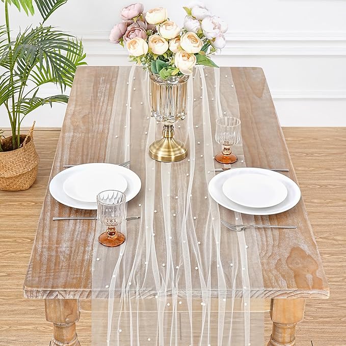 LuoluoHouse Pearl Beige Gauze Table Runner: 120 Inch 10FT Seasonal Sheer Dining Holiday Wedding Birthday Baby Shower Table Decor for Home Parties