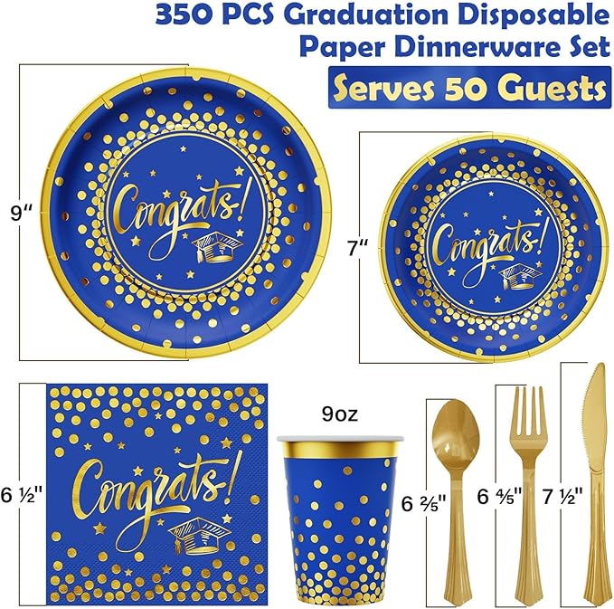 Ecomore 2026 Graduation Party Decoration - 350 PCS Blue Gold Grad Supplies Disposable Dinnerware (Severs 50) w/ Congrats Paper Plates Napkin Cup Plastic Cutlery for College High School Class of 2026
