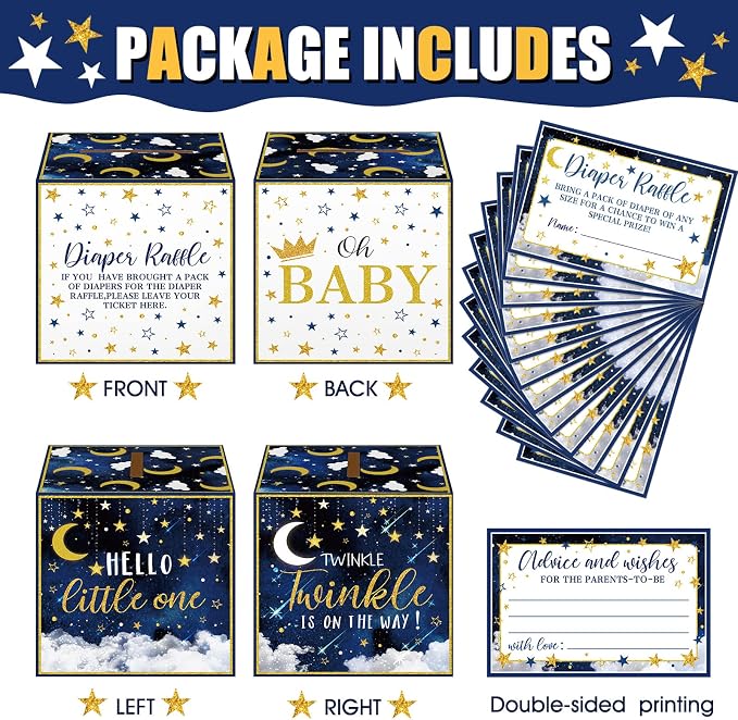 Teling 51 Pieces Diaper Raffle Tickets with Card Box Baby Shower Decorations Baby Shower Holder Box for Girl Boy Diaper Raffle Party(Twinkle Twinkle Little Star)