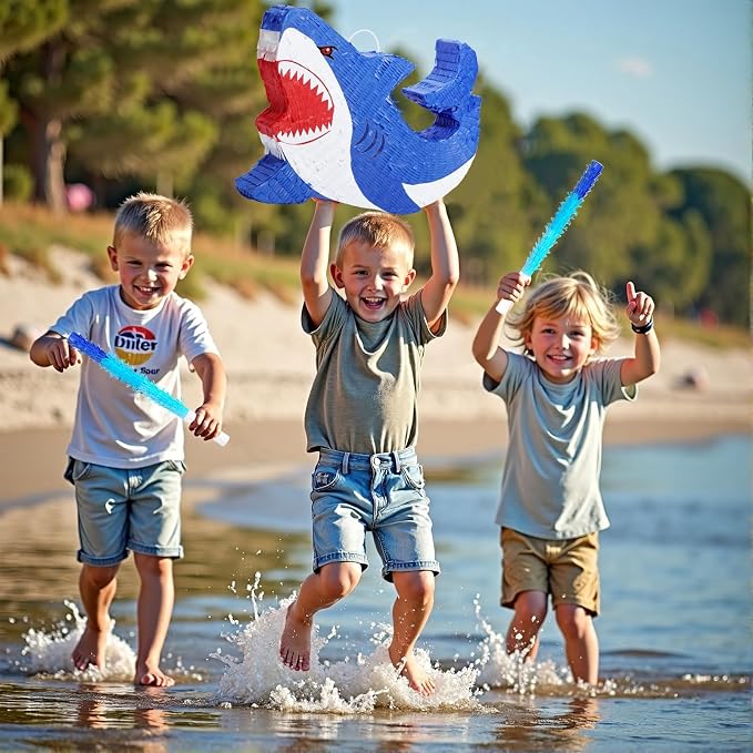 WERNNSAI Shark Piñata - Ocean Shark Birthday Party Decorations Kids Boys Piñata with Blindfold and Bat for Under the Sea Party Supplies Baby Shower Birthday Game Set