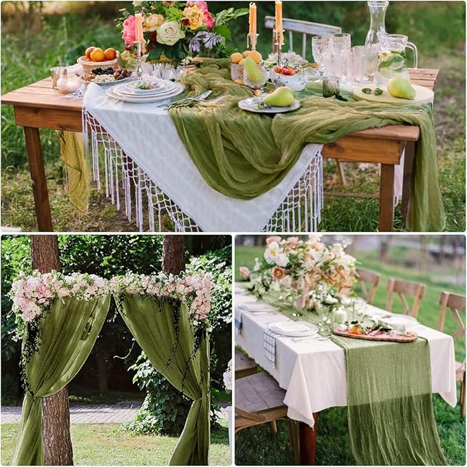 8 Pack Grass Green Cheesecloth Table Runner 10Ft Boho Table Runners 35x120Inch Romantic Cheese Cloth Table Runner for Wedding Birthday Party Bridal Baby Shower Engagement Holiday Christmas Table Decor