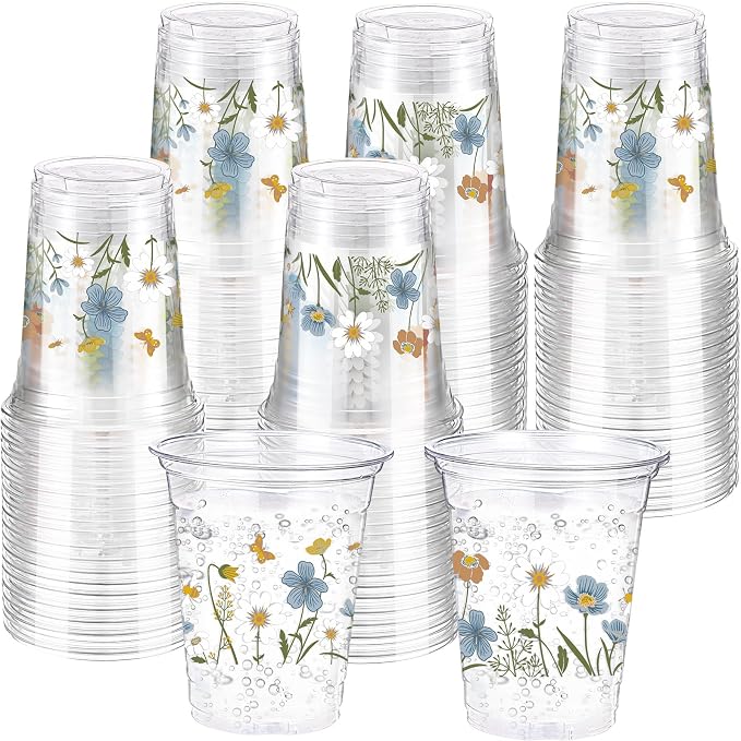 Hushee Blue Boho Floral 60 Pcs Party Cups 16 oz Plastic Disposable Drinking Cups for Birthday Love Baby in Bloom Baby Shower Summer Fresh off The Market Bridal Shower Decorations Supplies