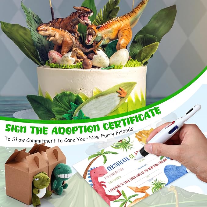Blueweenly 84 Pcs Adopt a Pet Party Supplies 24 Mini Animals 10 White Plastic Fence 24 Paper Gift Boxes 24 Adoption Cards with Mini Chalkboard and Artificial Lawn(Dinosaur)