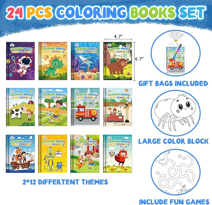 ZMLM 24 Pack Coloring Books for Kids with Crayons,Party Favors for Kids 4-8, Goodie Bags Stuffers for Toddlers, Classroom Prizes Birthday Return Gifts (Boys)