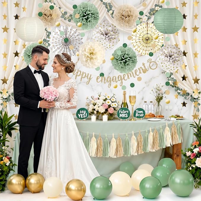 Engagement Party Decorations Boho Sage Green and Gold - 46 Pcs Pre-strung Happy Engagement Banner, Paper Lanterns, Fans, Pom Poms, Tassels, Garland, Balloons, Just Engaged Decorations Kit