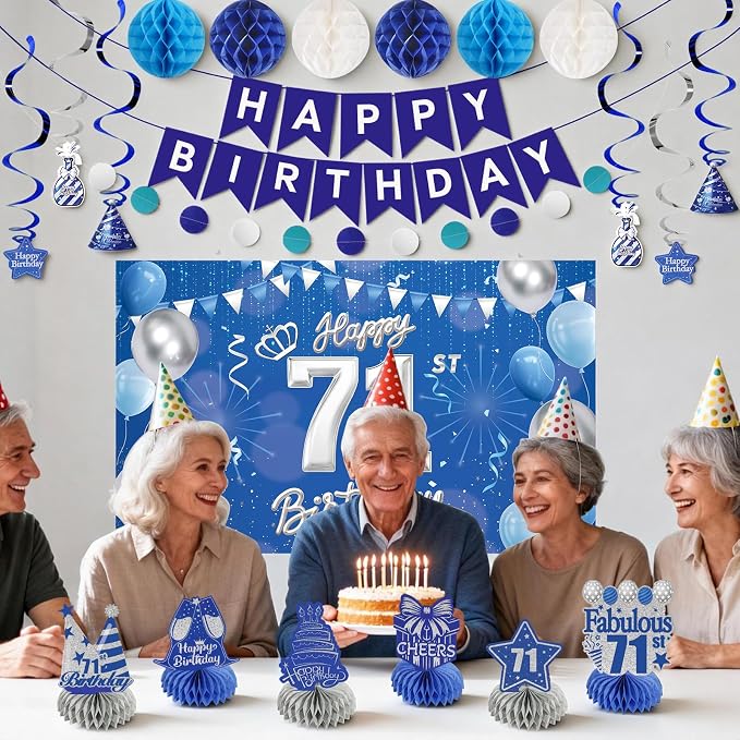 Happy Birthday Party Decoration Set: Including Birthday Banner Backdrop, Party Table Centerpieces and Hanging Swirl Party Streamers, Birthday Decor Suppliers for Men and Women (Blue, 71st Birthday)