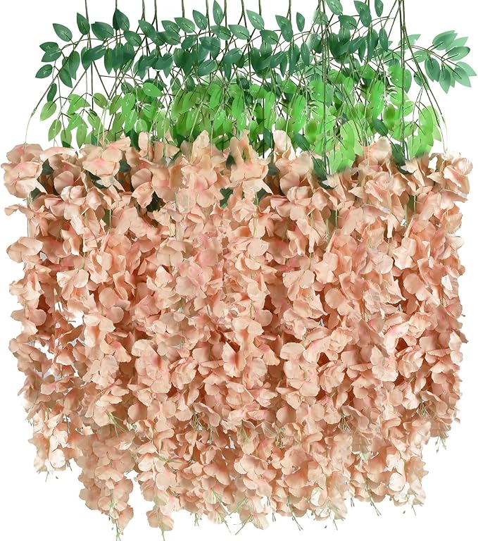 12Pack Wisteria Hanging Flowers 3.6ft Fake Flower Garland Faux Wisteria Vines Champagne Artificial Silk Flowers Bushy Rattan String for Garden Home Wall Wedding Decorations (Champagne)