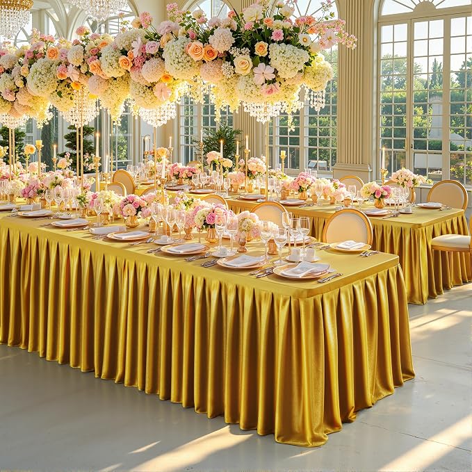 Wish Care 4 Pack Satin Table Cover Skirts for 6ft Rectangular Tables, Dark Gold Shimmer Silk Tablecloth with Floor Length Ruffle for Wedding Banquet Party Buffet Decoration