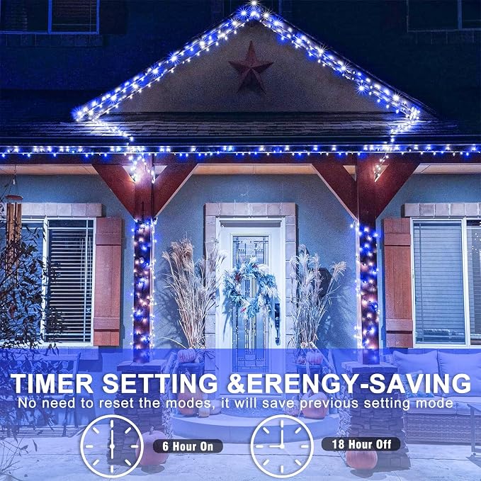 Blue White Christmas Lights Outdoor 400 LED Christmas Tree Lights 8 Modes Clear Wire, 131ft Plug in Waterproof Twinkle Fairy Lights for Indoor Outside Bedroom Party Xmas Halloween Decorations