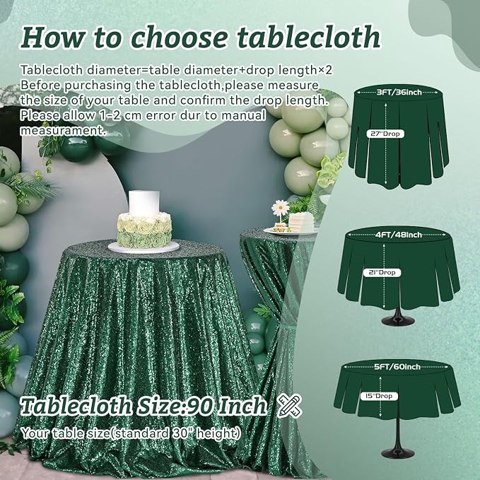 B-COOL Sequin Tablecloth Round Party Decorations: 90 Inch Tablecloth Sequin Overlay Glitter Fabric for Indoor and Outdoor St. Patrick's Day Christmas Gathering Parties Emerald Green