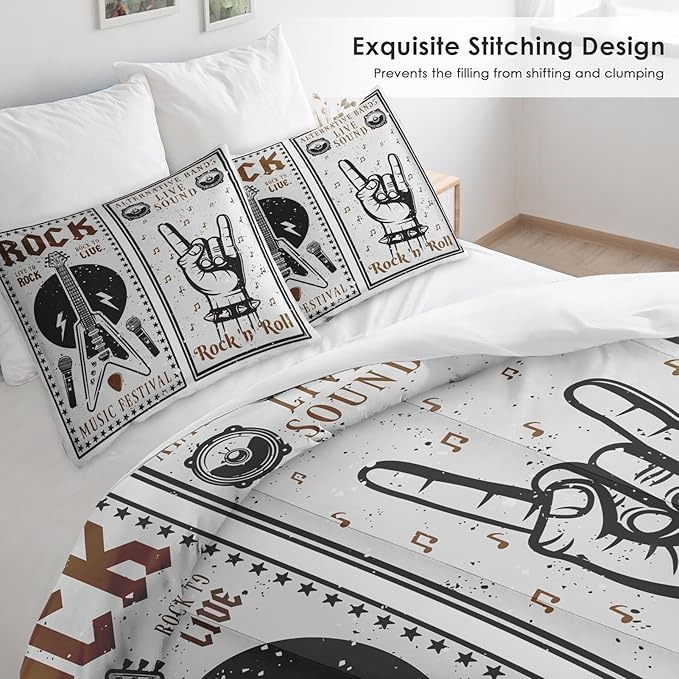 Pamnest Comforter Set King Size, Rock Roll Guitar Soft 3 Pcs Bedding for Kids and Adults, Retro Star Music Comforter Set with 2 Pillowcases, for Bedroom Bed Decor