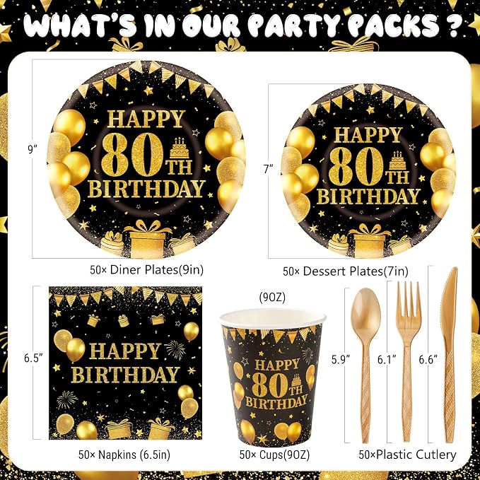 350PCS 80th Birthday Party Decorations for 50 Guests Black and Gold Party Supplies Include Disposable Paper Plates, Napkins, Cups, and Tableware