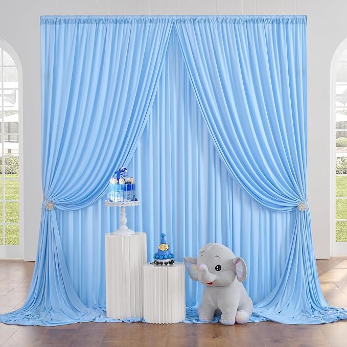 30ft x 10ft Wrinkle Free Baby Blue Backdrop Curtain for Boy Birthday Party, 6 Panels 5×10ft Soft Silky Polyester Blue Photo Backdrop Drapes for Baby Shower Gender Reveal Wedding Photography