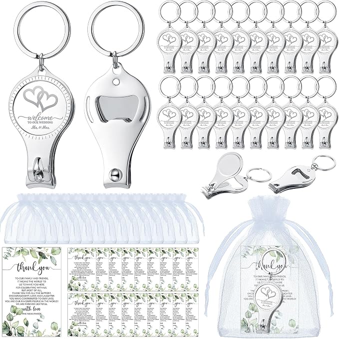 Fulmoon Wedding Multi Function Bottle Opener Nail Clipper Wedding Favors Brewery Cards White Organza Bags for Party Supplies Gift Souvenir Guests Men Women(100 Sets)
