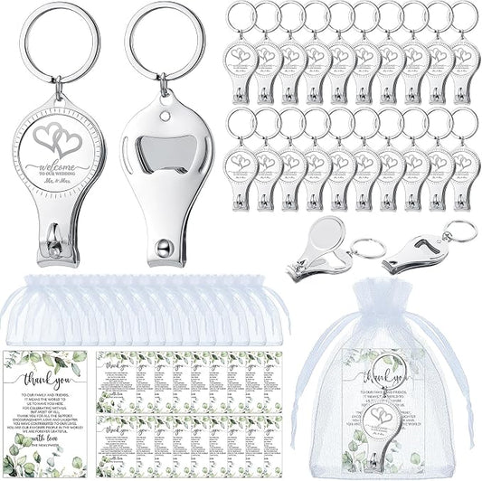 Fulmoon Wedding Multi Function Bottle Opener Nail Clipper Wedding Favors Brewery Cards White Organza Bags for Party Supplies Gift Souvenir Guests Men Women(100 Sets)