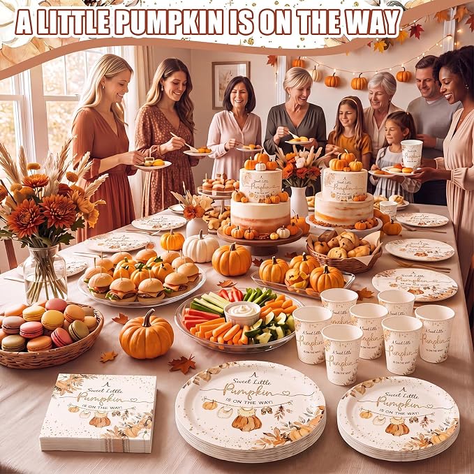 168 Pcs Fall Baby Shower Decorations Pumpkin Cloth Party Supplies A Sweet Little Pumpkin Is on the Way Tableware Set Disposable Paper Plates Cups Utensils for Baby Shower Party Serve 24