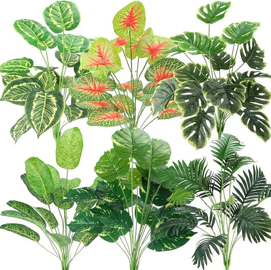 Yunlly 6 Pcs Artificial Tropical Plants 32 Inches Fake Palm Tree Leaf Banana Monstera Turtle Leaves Perennial Palm Tree Large Faux Leaf Tropical Plants Safari Jungle Party Decoration for Home Office