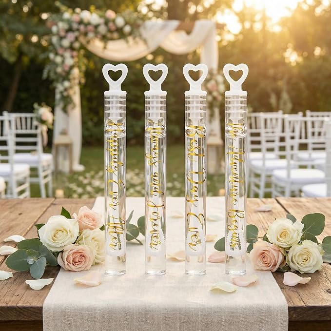 Hollowfly Wedding Mini Bubble Wands for a Wedding Bulk Heart Bubble for Guests Send Off Wand Adults Bridal Shower Party Supplies Valentine Anniversaries Celebration(60 Count,White Gold,Love Forever)