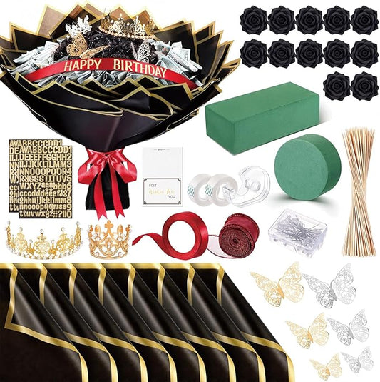 Maysing Money Bouquet Kit 12 Pcs Glitter Roses 20 Sheet Flower Wrapping Paper DIY Flower Bouquet Floral Foam Blocks Sticker for Anniversary Birthday Mother's Day Graduation (Black)