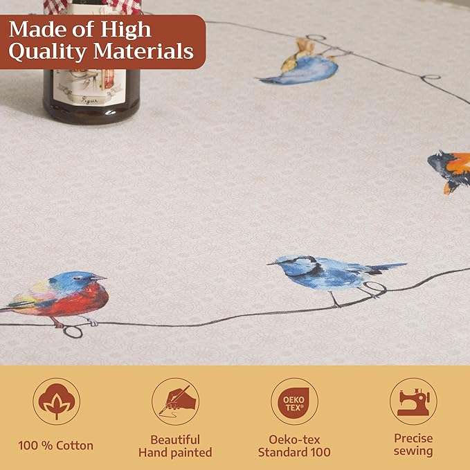 Maison d' Hermine Table Cloth Round Table 100% Cotton 69 Round Inches Tablecloth Reusable Decorative for Dining Kitchen Room Farmhouse Party Home Hotel Restaurant Spring Summer - Birdies on Wire